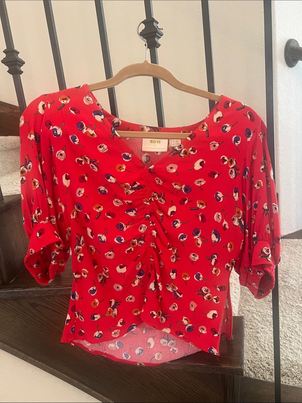 Maeve Red Floral Ruched Front Blouse from Anthropologie